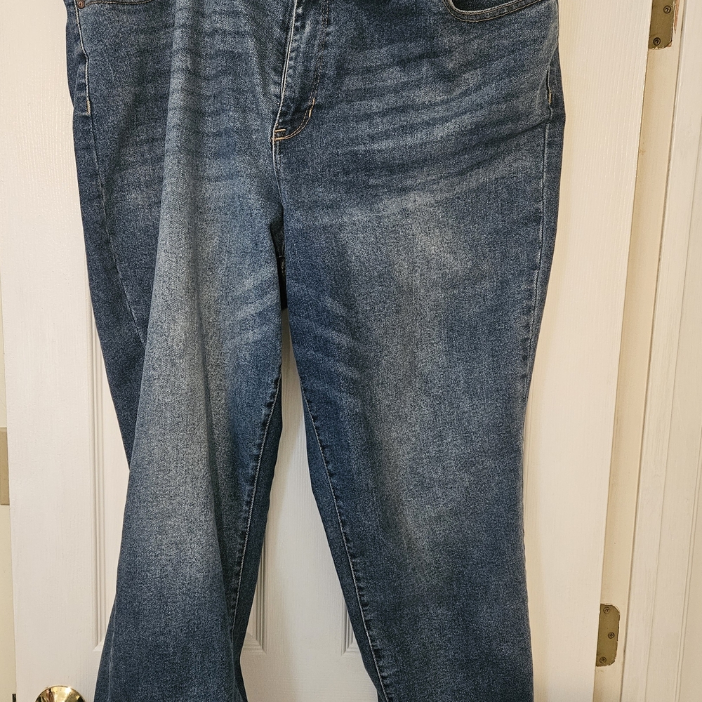 Blue Straight Leg Jeans with Distressed Look